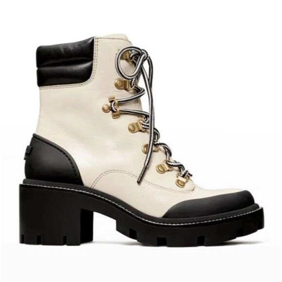 NEW Tory Burch Lug Sole Hiker Ankle Boot in New Ivory/ Perfect Black Size 10 - Picture 1 of 11